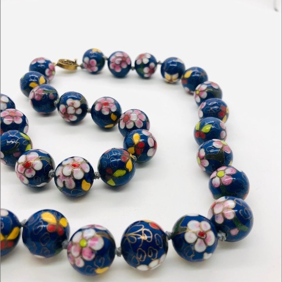 Antique Vintage Blue Cloisonné flower Enamel Jumbo Bead Necklace - Picture 11 of 17